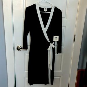 🏷️ NWT Anne Klein Black Faux Wrap Dress with White Trim - Size 12